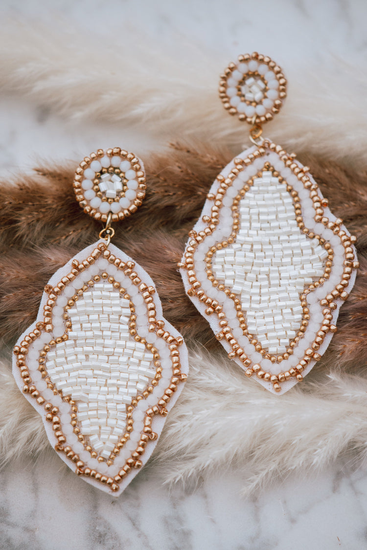 Moroccan Seed Bead Felt Back Earrings in Ivory