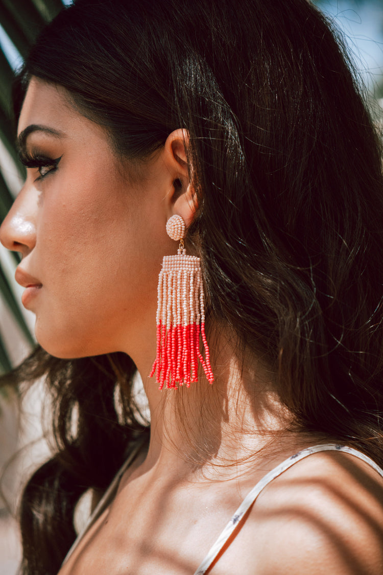 Beaded Tassel Fringe Drop Earrings in Pink
