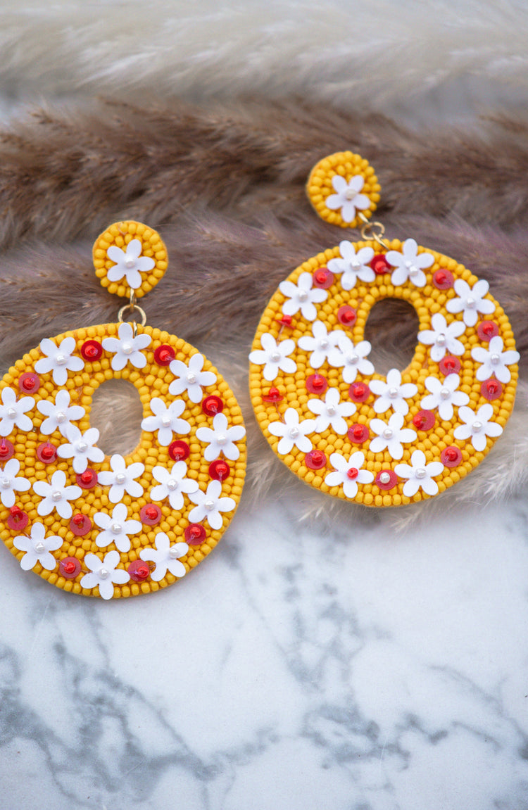 Penny Seed Beaded Floral Post Earrings in Yellow