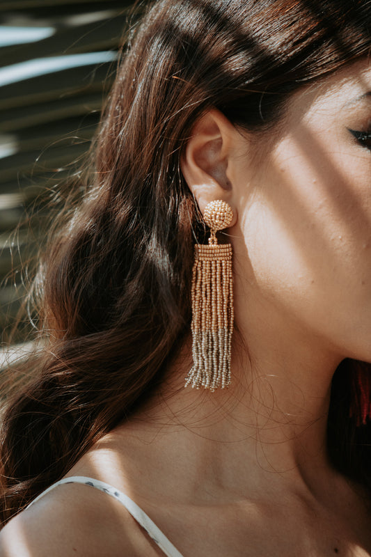 Beaded Tassel Fringe Drop Earrings in Gold