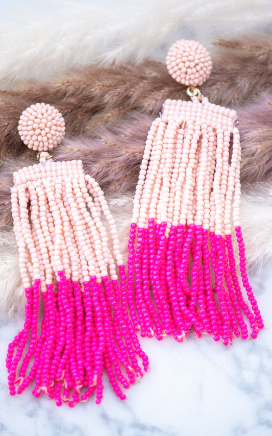 Beaded Tassel Fringe Drop Earrings in Pink