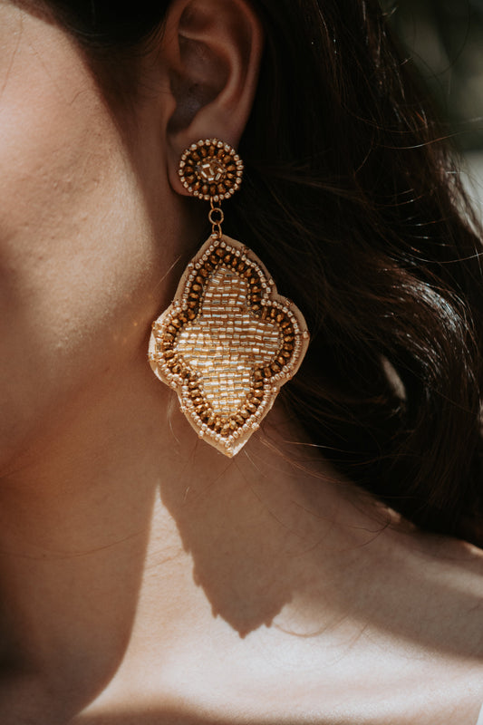 Moroccan Seed Bead Felt Back Earrings in Gold