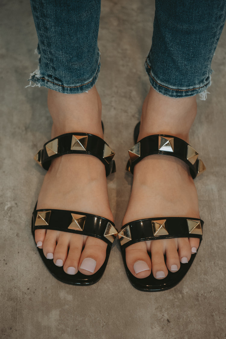 Blink Studded Double Strap Sandals in Black