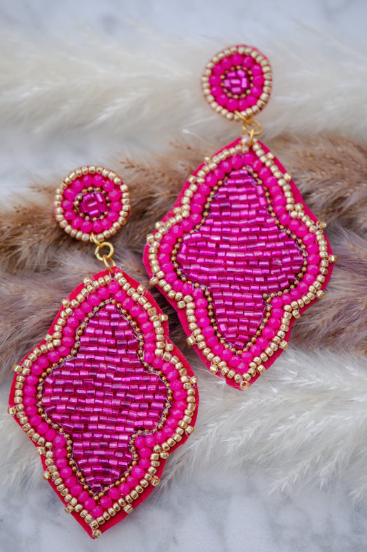 Moroccan Seed Bead Felt Back Earrings in Fuchsia