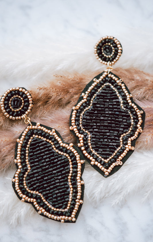 Moroccan Seed Bead Felt Back Earrings in Black