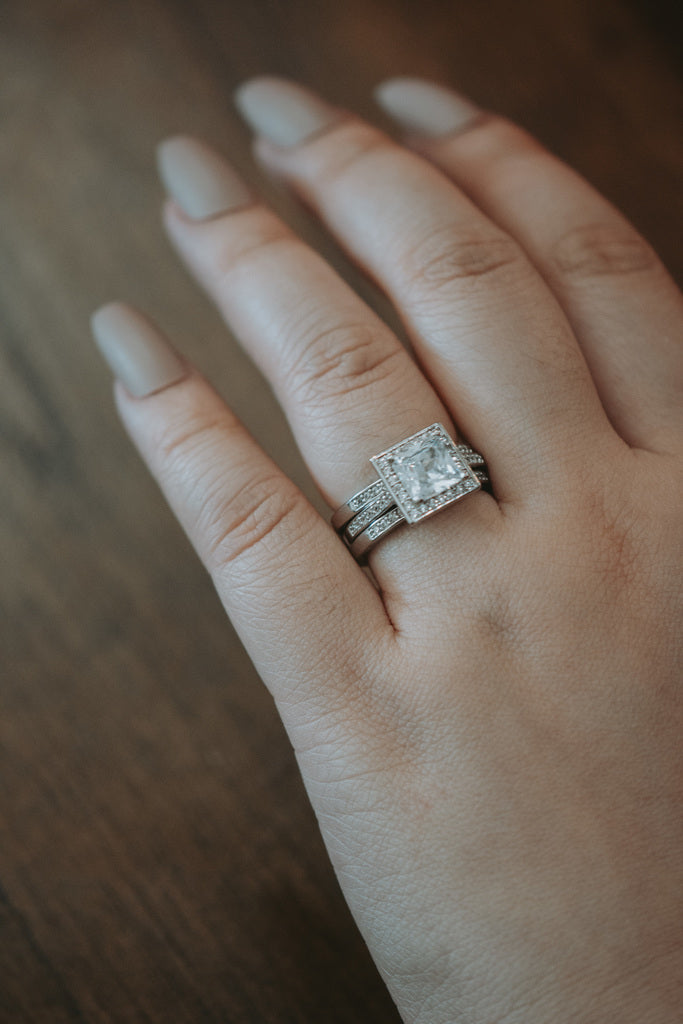 Astraea Princess Cut Sterling Silver Ring 2PC Set