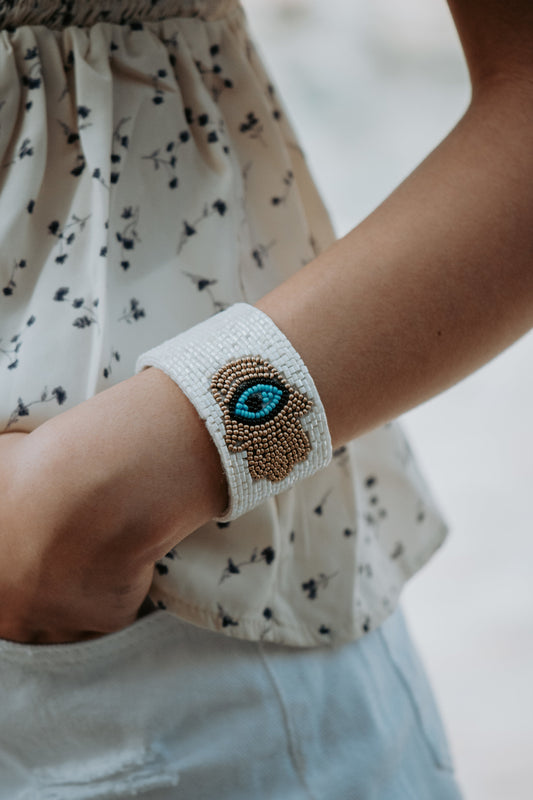 White Evil Eye Seed Bead Open Cuff Bracelet