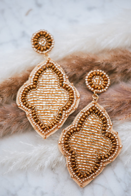 Moroccan Seed Bead Felt Back Earrings in Gold
