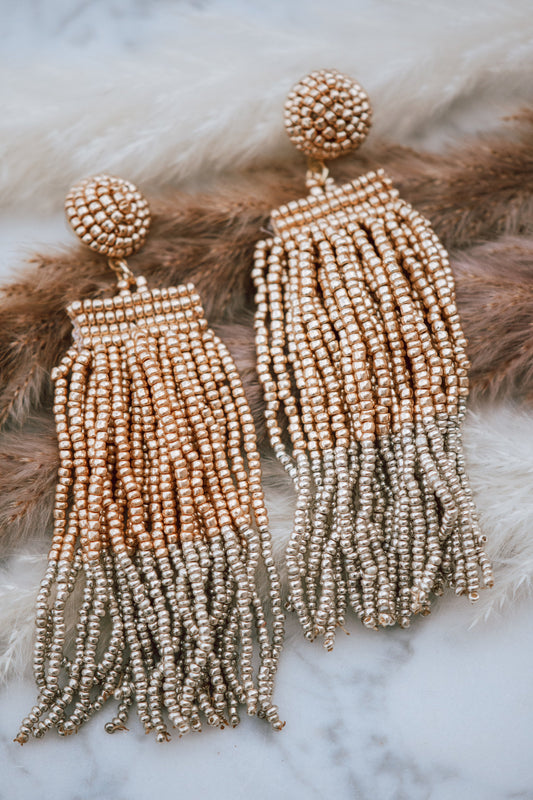 Beaded Tassel Fringe Drop Earrings in Gold