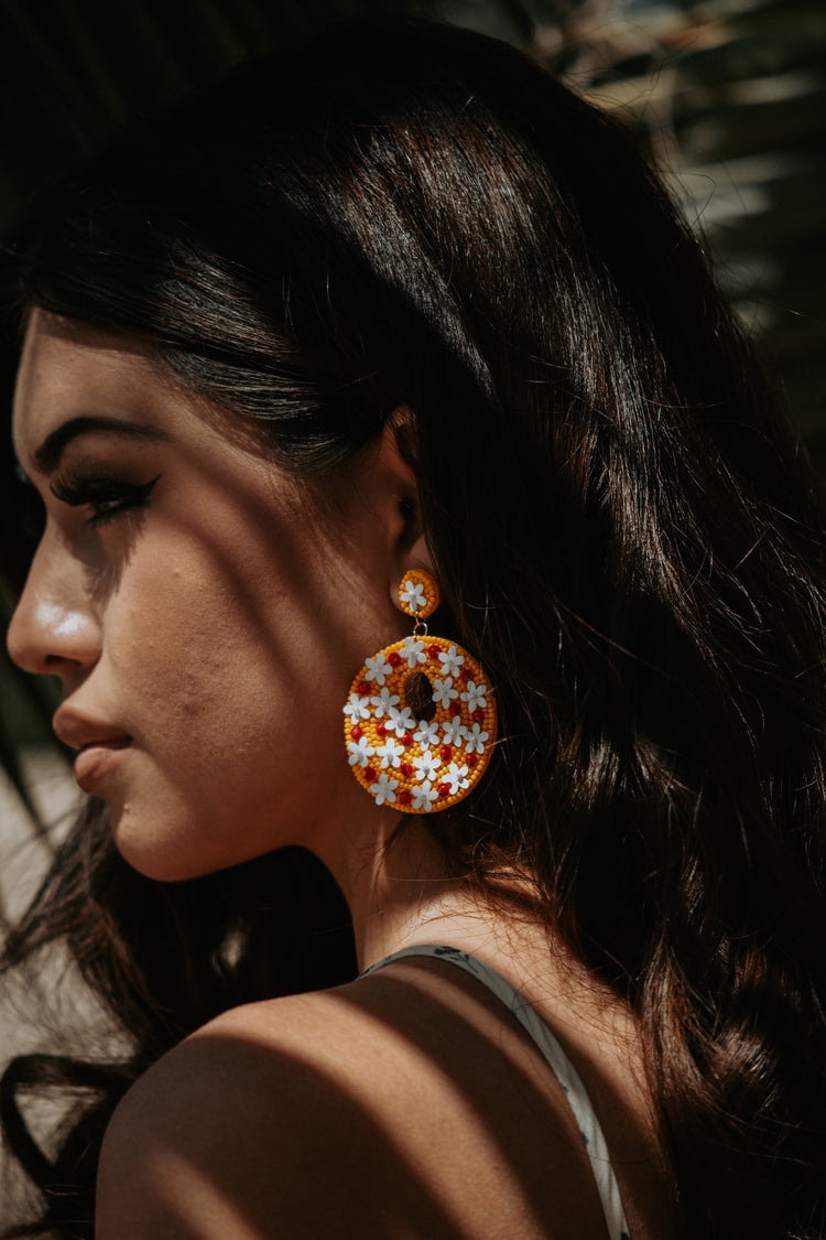 Penny Seed Beaded Floral Post Earrings in Yellow