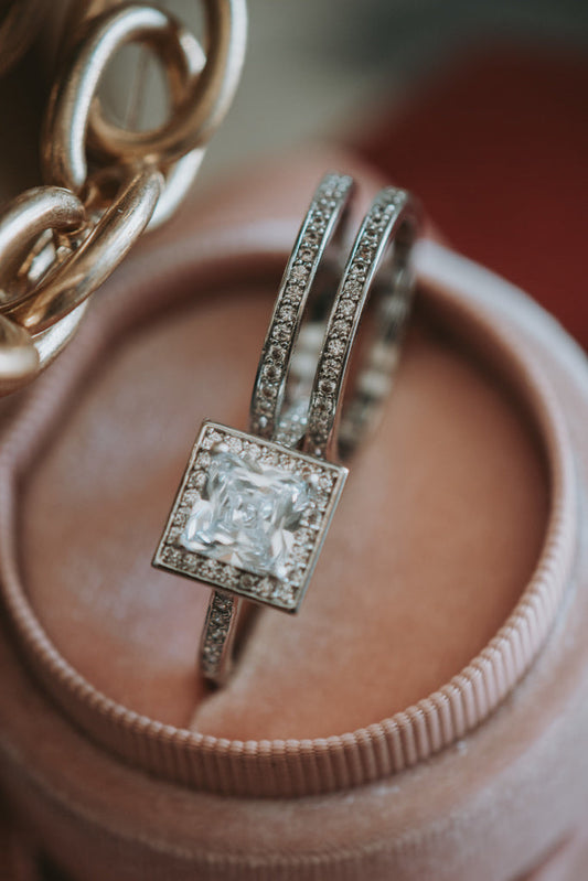 Astraea Princess Cut Sterling Silver Ring 2PC Set