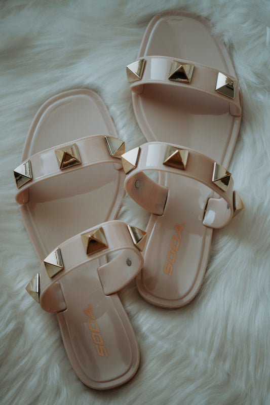 Blink Studded Double Strap Sandals in Nude