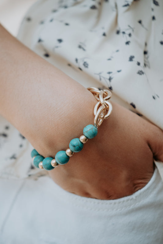 Semiprecious Blue Turquoise Gold Links Stretch Bracelet