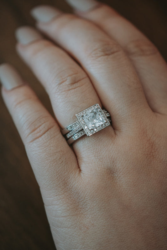 Astraea Princess Cut Sterling Silver Ring 2PC Set
