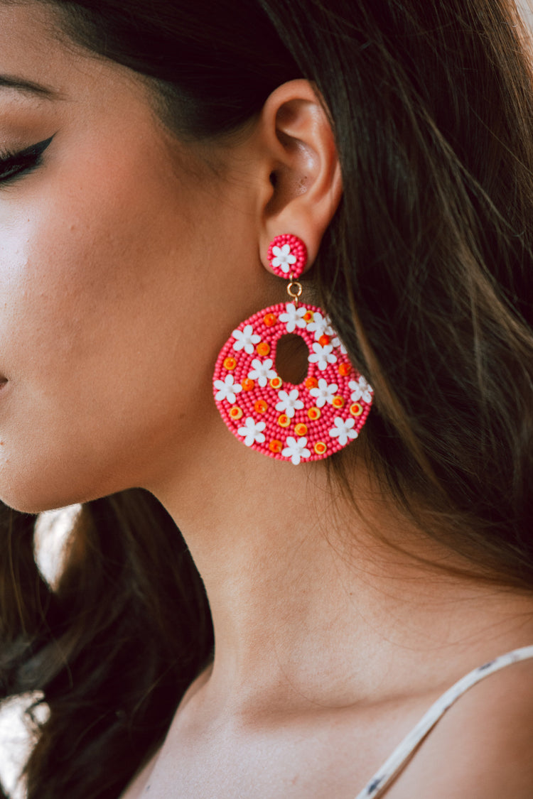 Penny Seed Beaded Floral Post Earrings in Fuchsia