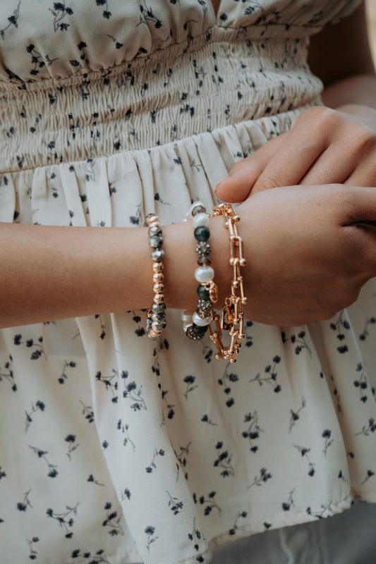Glass Bead Gold Links Stackable Bracelet - 3PC Set