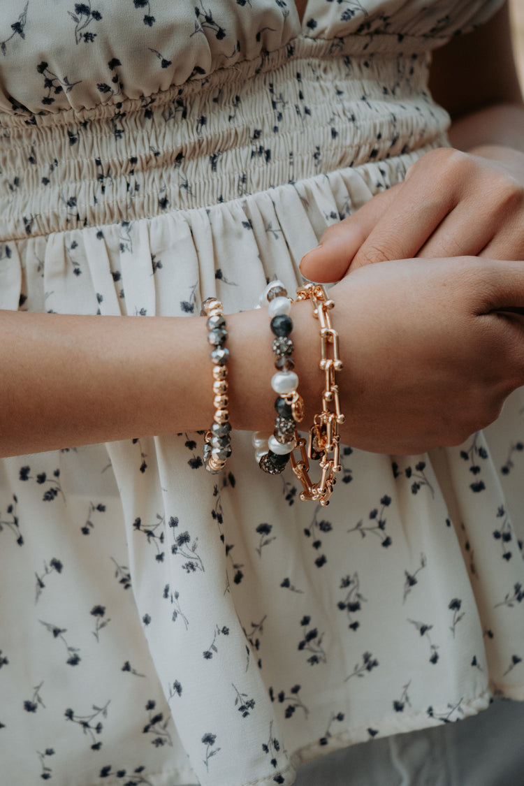 Glass Bead Gold Links Stackable Bracelet - 3PC Set