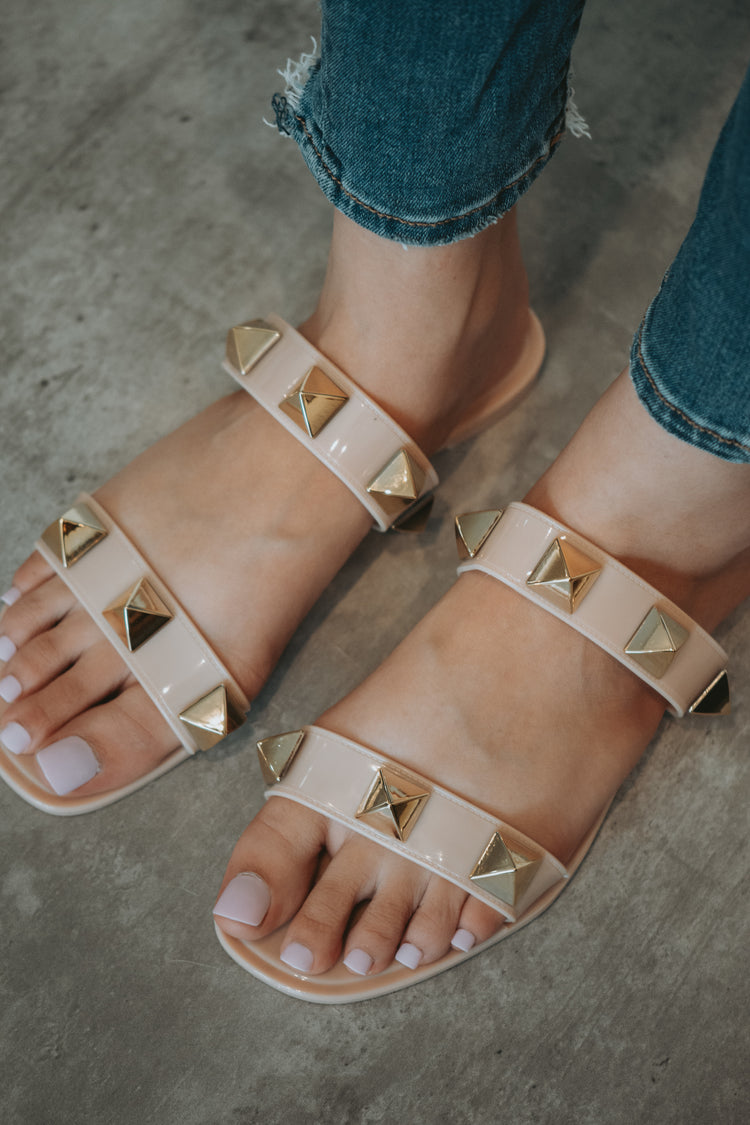 Blink Studded Double Strap Sandals in Nude