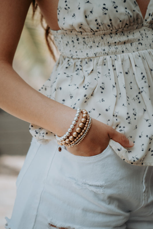 Lacy Metallic Stretch Stackable Beaded Bracelets 5PC Set - Neutrals