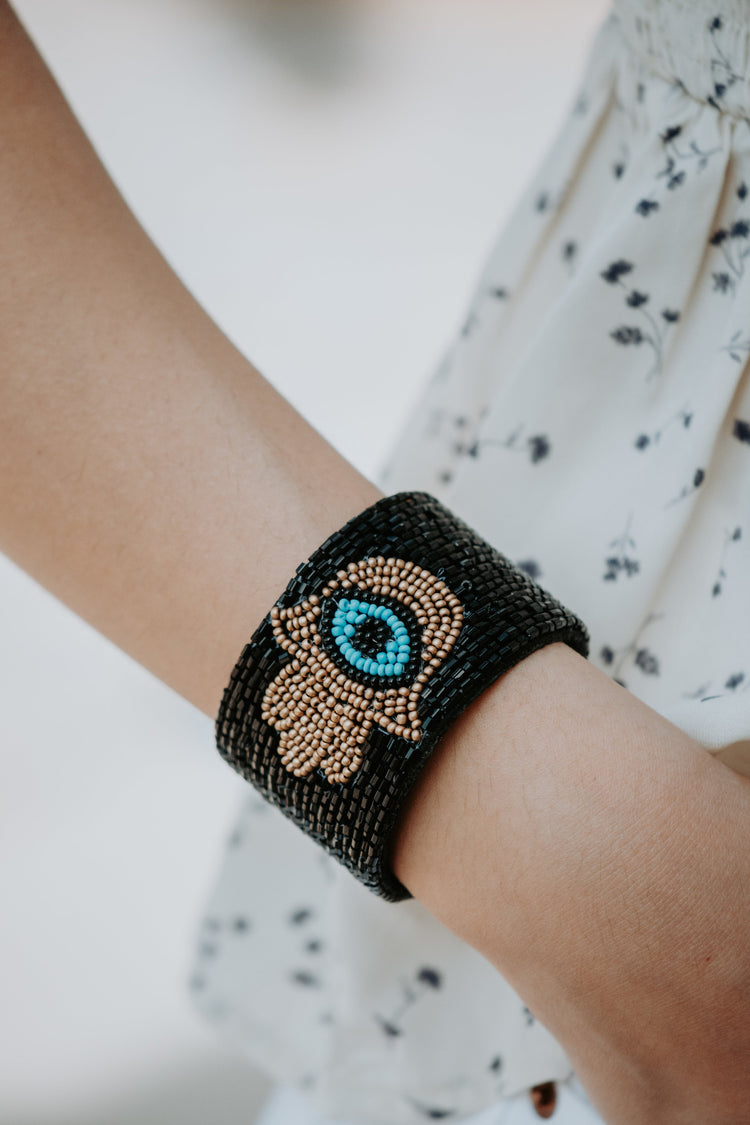Black Evil Eye Seed Bead Open Cuff Bracelet