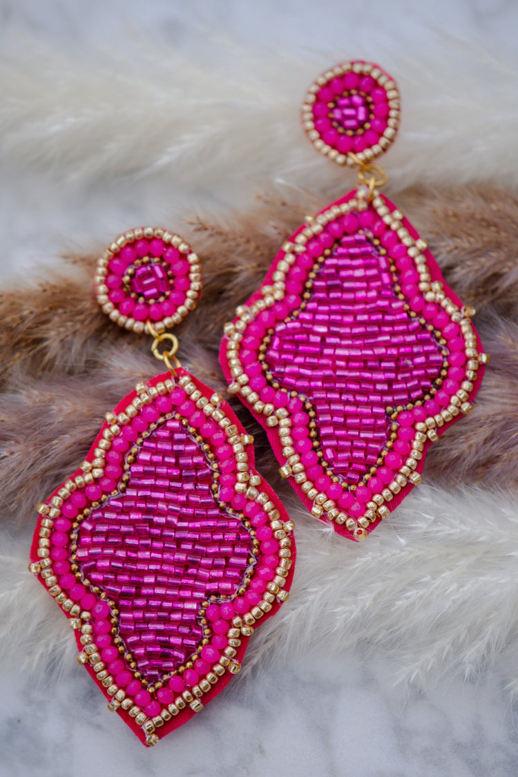 Moroccan Seed Bead Felt Back Earrings in Fuchsia