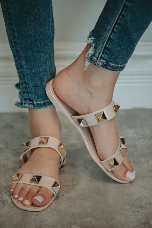 Blink Studded Double Strap Sandals in Nude