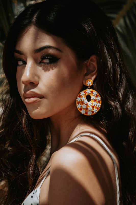 Penny Seed Beaded Floral Post Earrings in Yellow