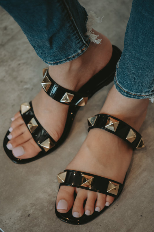 Blink Studded Double Strap Sandals in Black