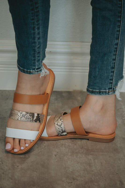 Jamie Triple Strap Sandal in Snake Skin