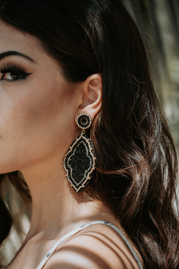 Moroccan Seed Bead Felt Back Earrings in Black