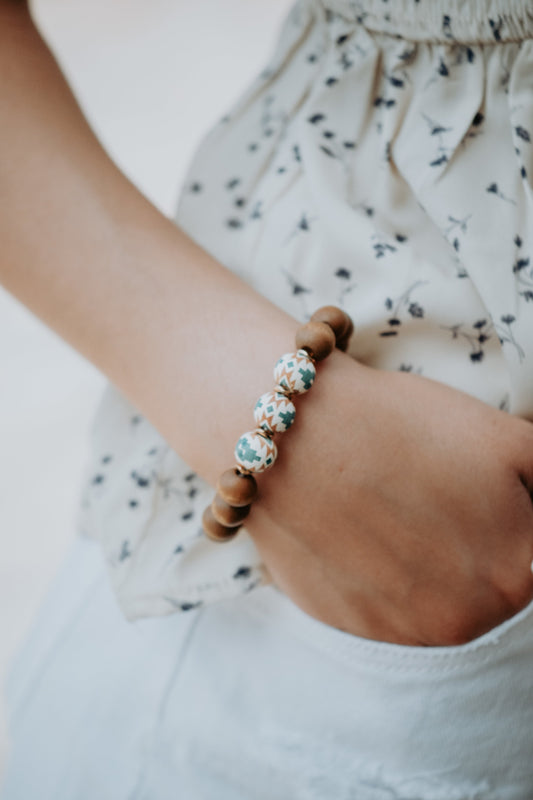 Blaze Wooden Aztec Elastic Bracelet - Khaki