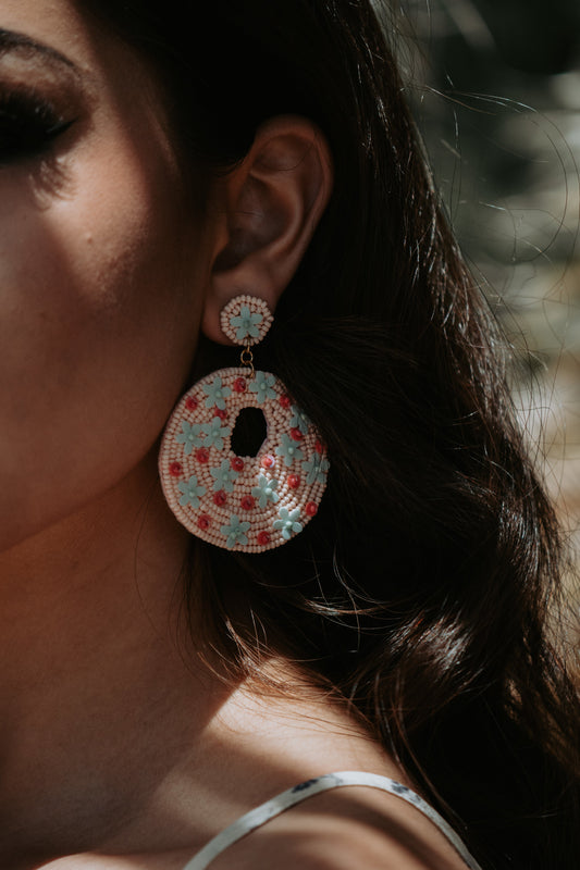 Penny Seed Beaded Floral Post Earrings in Pink