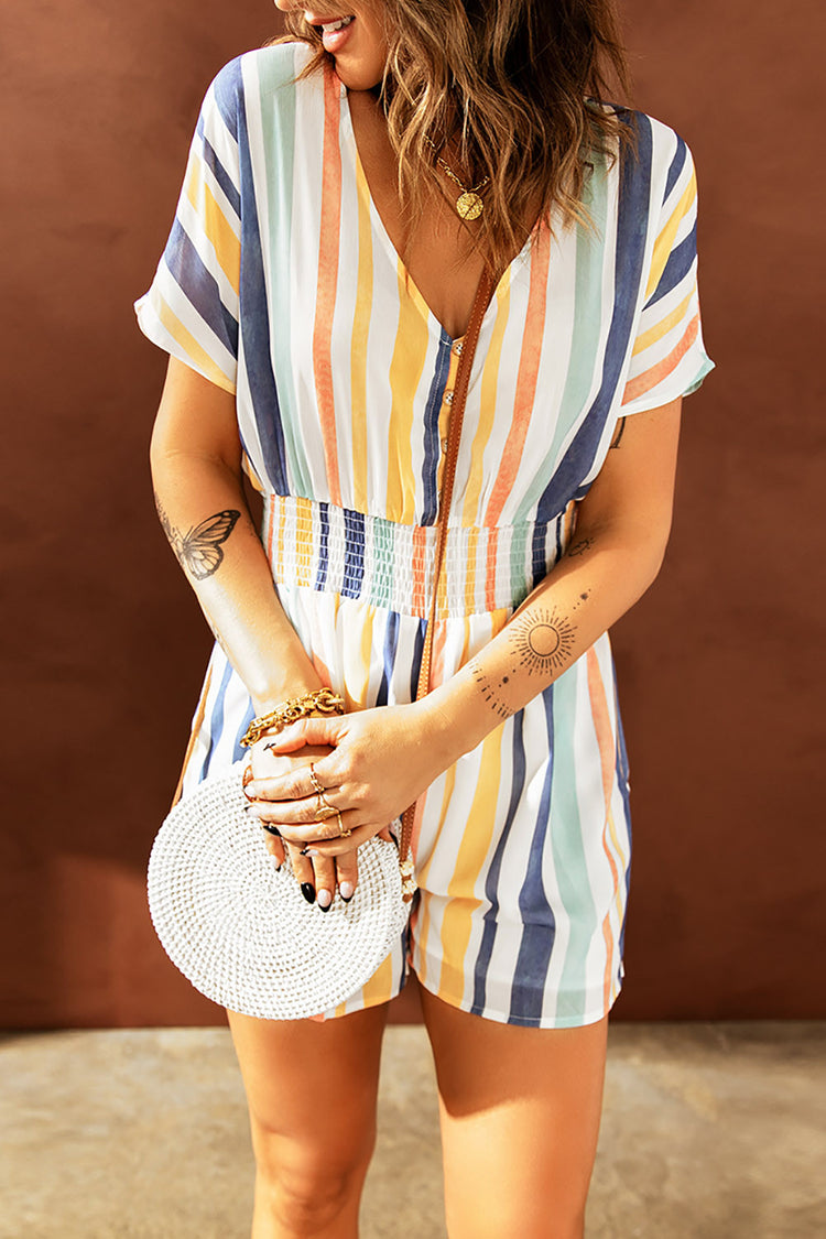 V-neck Button Romper in Striped Print