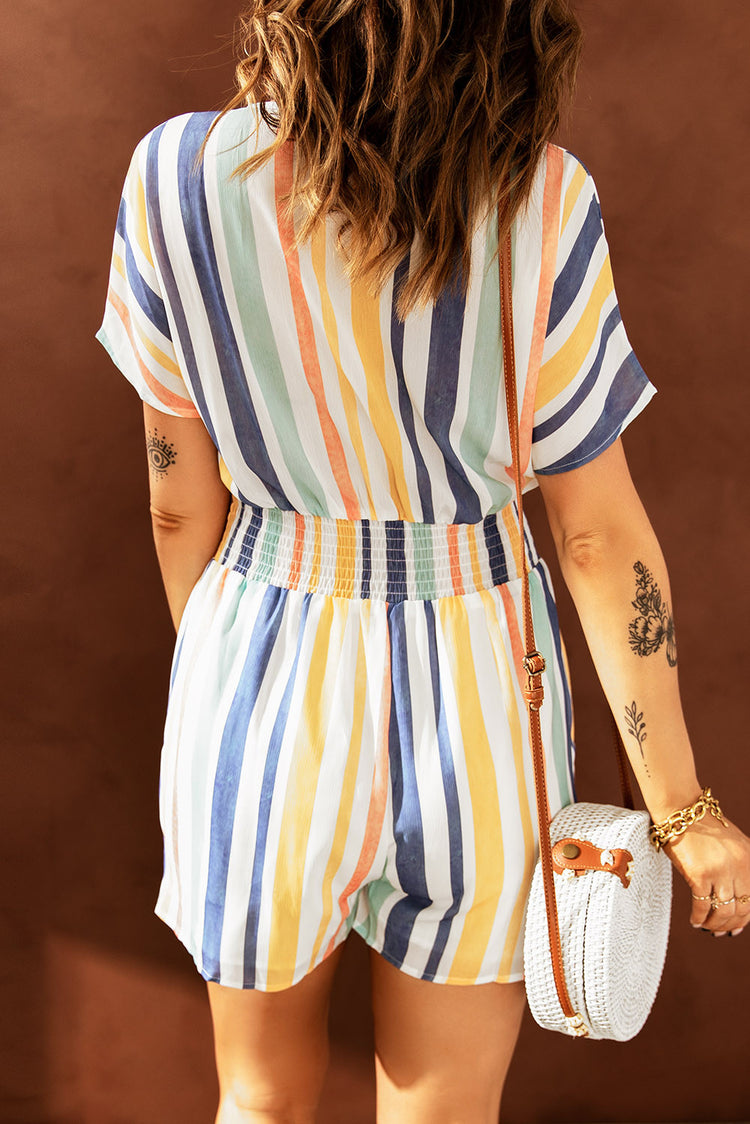 V-neck Button Romper in Striped Print